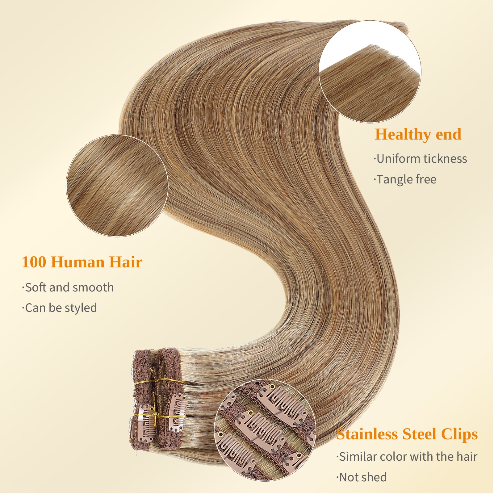 DNE Clip in Hair Extensions 120g 7pcs 100% Remy Human Hair, Heat Resistant Double Wefted Clip-Ins for Women, P4/27
