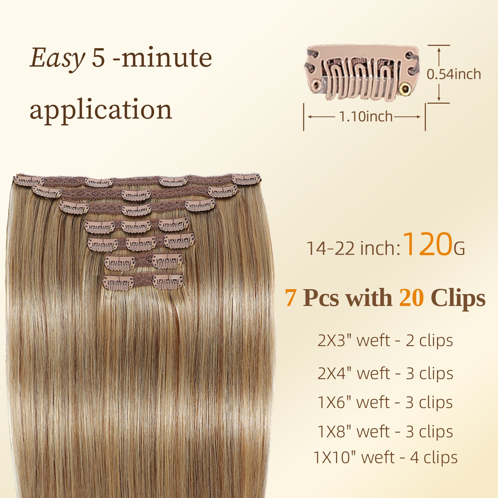 DNE Clip in Hair Extensions 120g 7pcs 100% Remy Human Hair, Heat Resistant Double Wefted Clip-Ins for Women, P4/27
