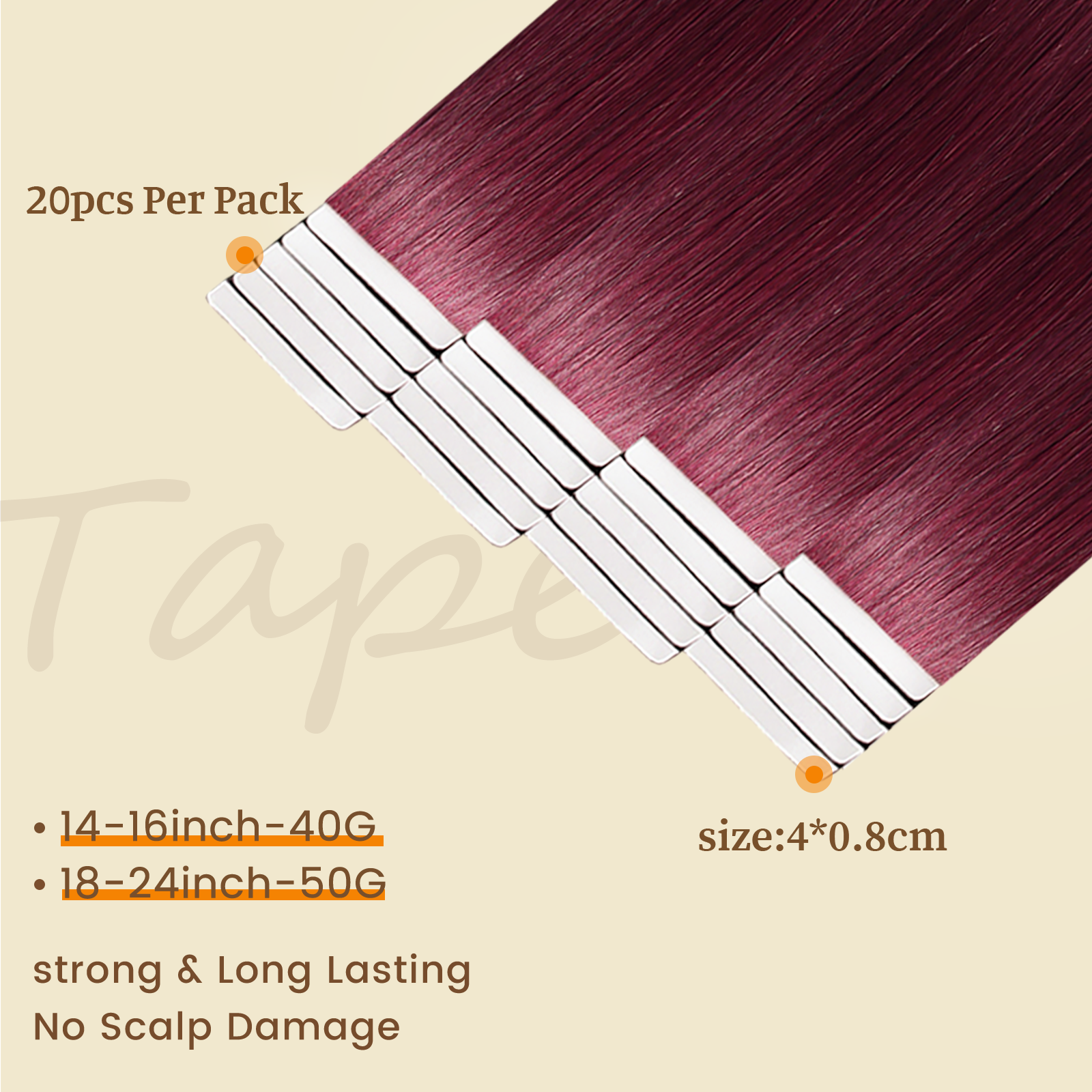 DNE Tape in Hair Extensions Real Human Hair 20Pcs/50g/Pack Seamless #99j Wine Red Dark Color Straight Invisible Double Sided Tape in Hair Extensions for Women/Girls (#99J)