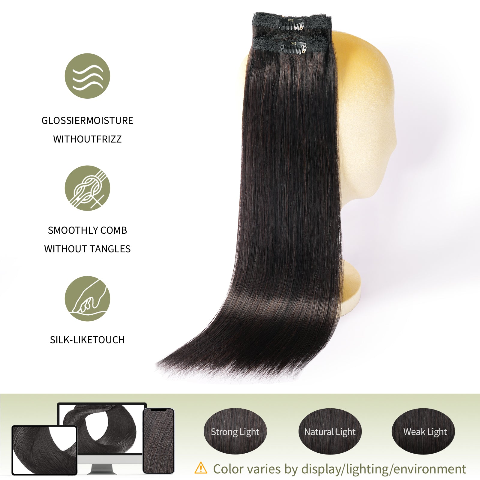 DNE Clip in Hair Extensions 7pcs 100% Remy Human Hair, Heat Resistant/Double Wefted Clip-Ins for Women,  Dark Color