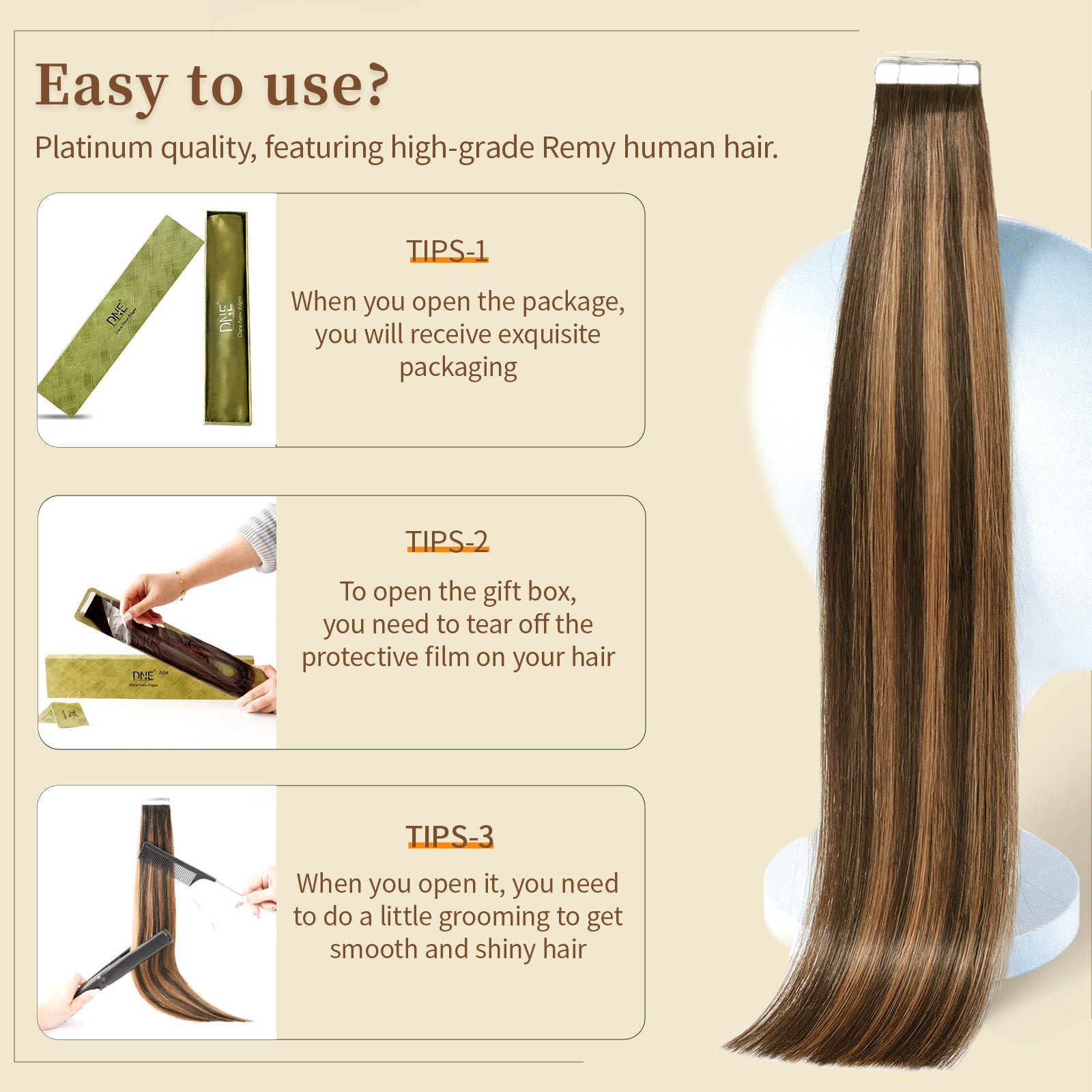 DNE Tape in Hair Extensions Real Human Hair 20Pcs/50g/Pack Seamless Dark Brown to Chestnut Brown#T2-P2/6 Straight Invisible Double Sided Tape in Hair Extensions for Women/Girls