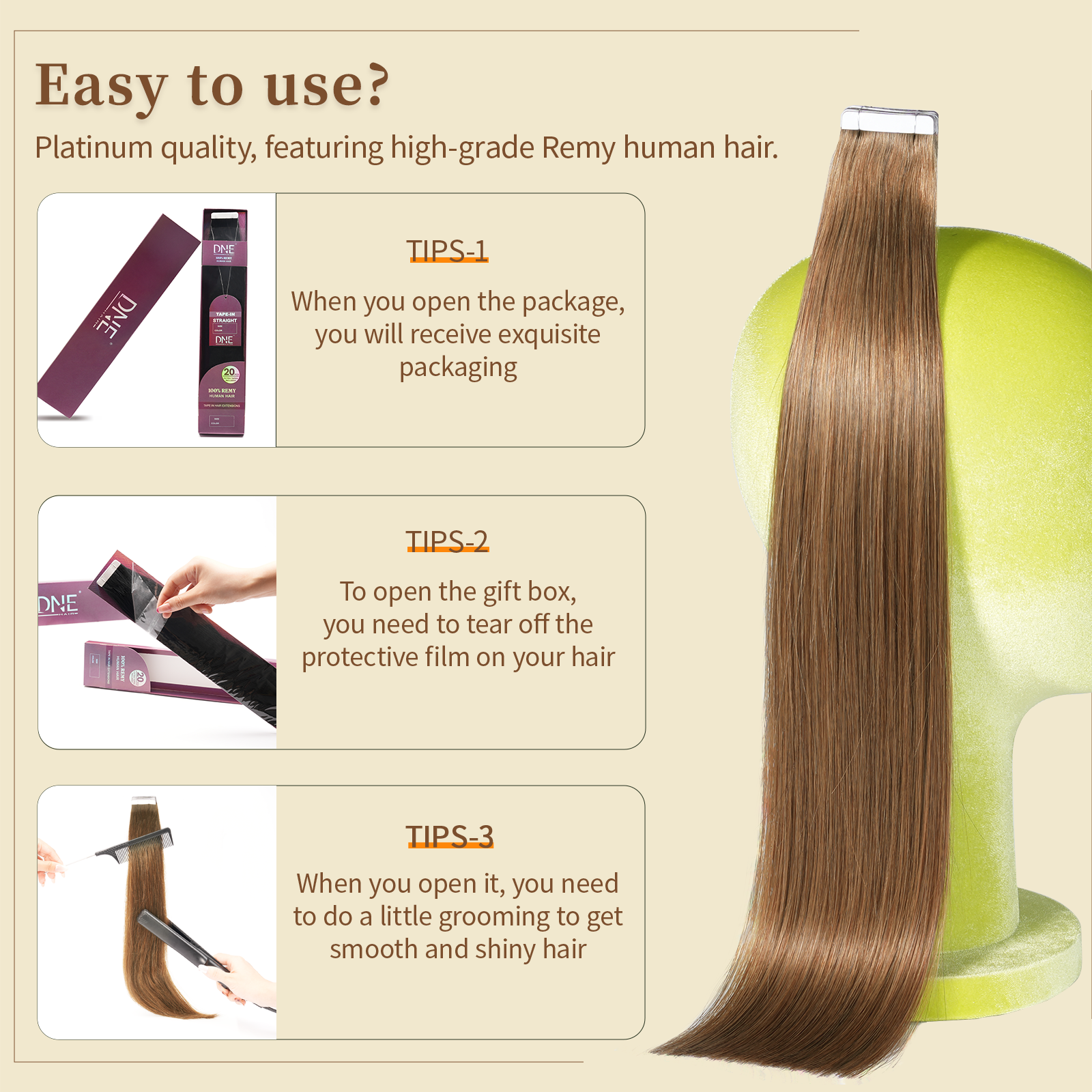 DNE Tape in Hair Extensions Real Human Hair 20Pcs/40g/Pack Seamless #6 Light Brown Dark Color Straight Invisible Double Sided Tape in Hair Extensions for Women/Girls Can Bleached