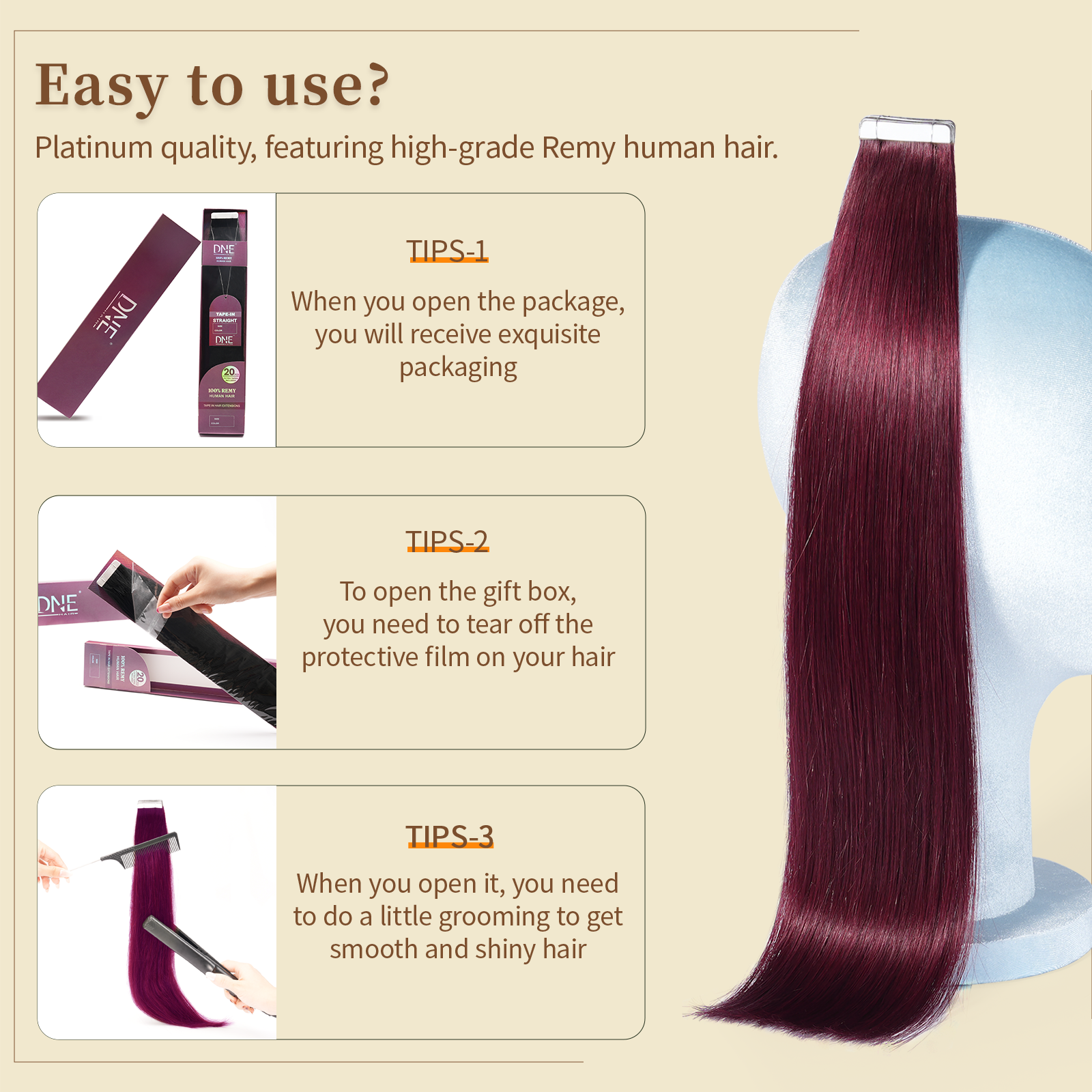 DNE Tape in Hair Extensions Real Human Hair 20Pcs/50g/Pack Seamless #99j Wine Red Dark Color Straight Invisible Double Sided Tape in Hair Extensions for Women/Girls (#99J)