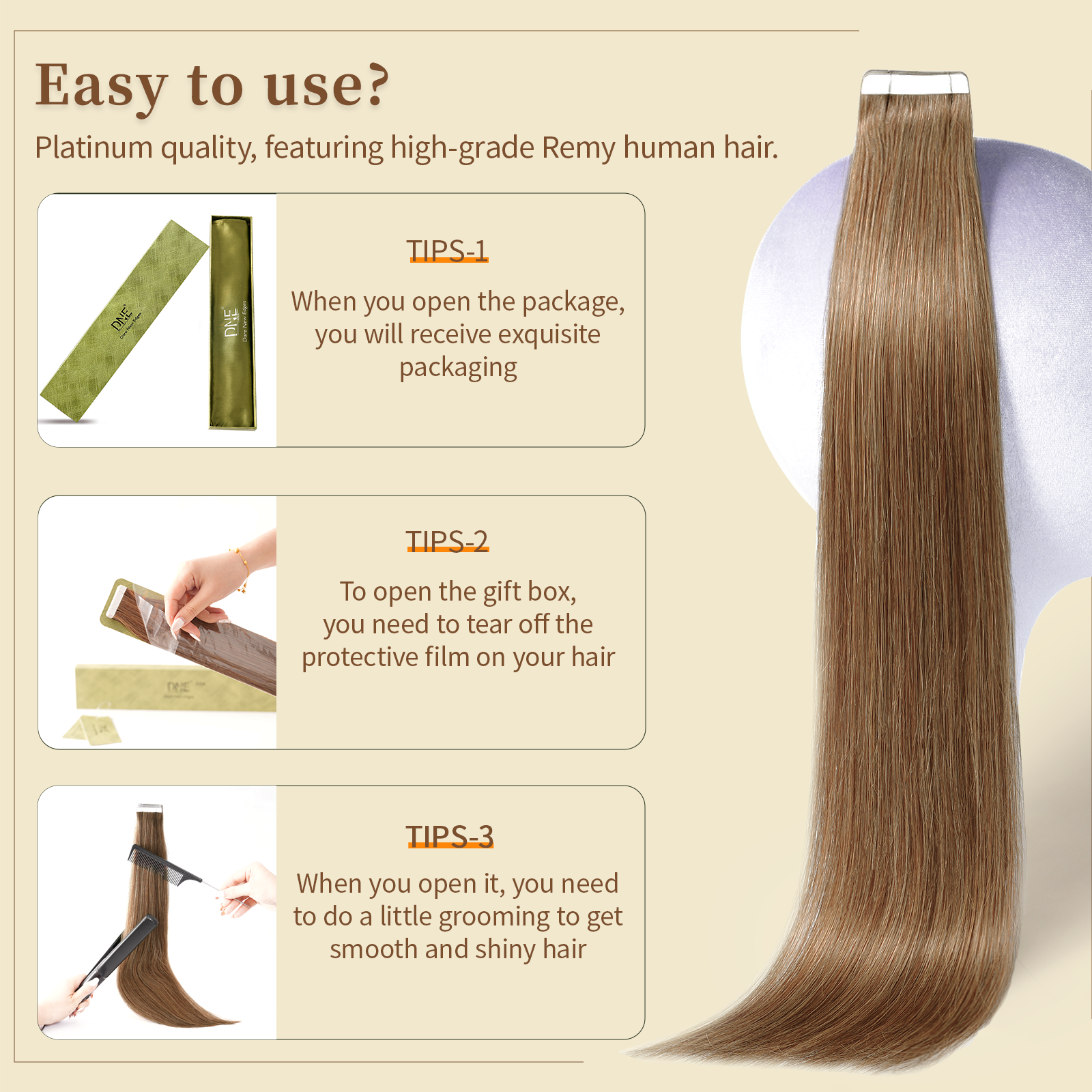 DNE Tape in Hair Extensions Real Human Hair 20Pcs/50g/Pack Seamless #M4/27 Chocolate Brown to Honey Blonde Straight Invisible Double Sided Tape in Hair Extensions for Women/Girls