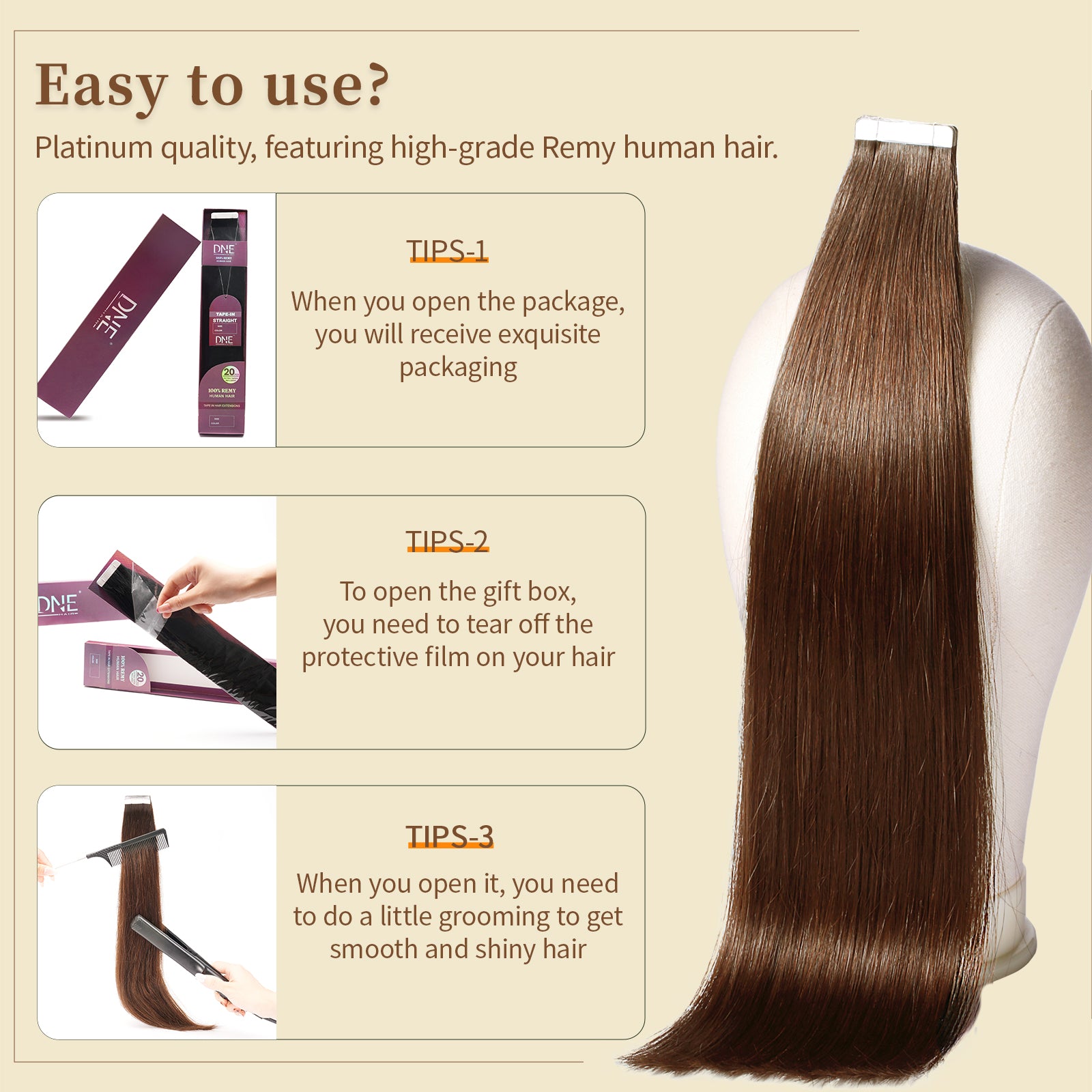 DNE Tape in Hair Extensions Real Human Hair 20Pcs/40g/Pack Seamless #4 Medium Brown Dark Color Straight Invisible Double Sided Tape in Hair Extensions for Women/Girls Can Bleached and Curl