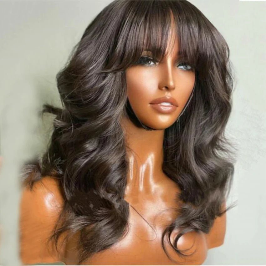 DNE Hair Body Wave Bob Wigs Human Hair Short Wavy Wigs with Bangs 16 Inch Model Side Show