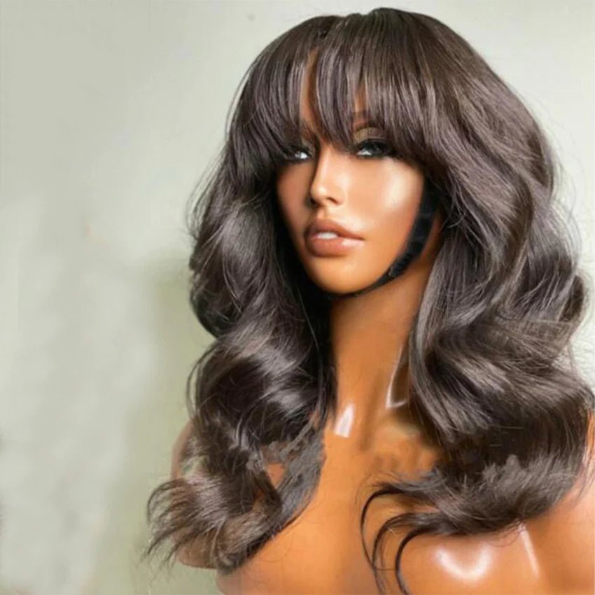 DNE Hair Body Wave Bob Wigs Human Hair Short Wavy Wigs with Bangs 16 Inch Model Left Side Front Show