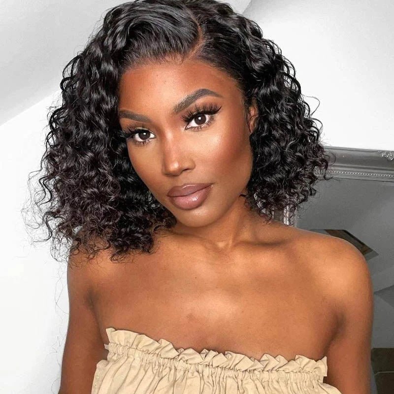 DNE Hair 13x4 Lace Front Wigs Human Hair Curly Bob Wig Model Front Show