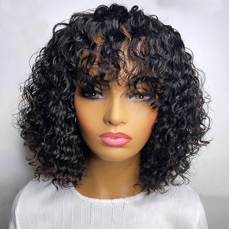 DNE Hair Curly Bob Wigs With Bangs Short Bob Wigs Human Hair for Women 16Inch Wig Model Front Show