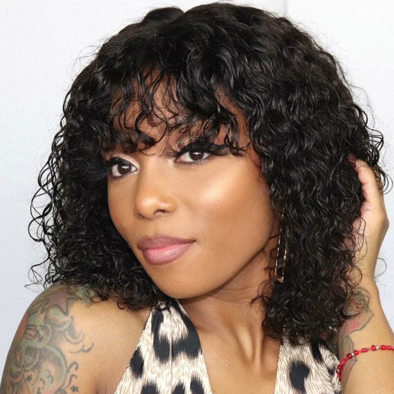 DNE Hair Curly Bob Wigs With Bangs Short Bob Wigs Human Hair for Women 16Inch Wig Model Left Side Show