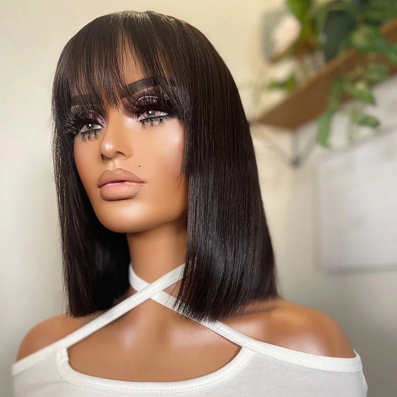 Straight Hair Glueless Wigs Human Hair None Lace Wigs Model Side View