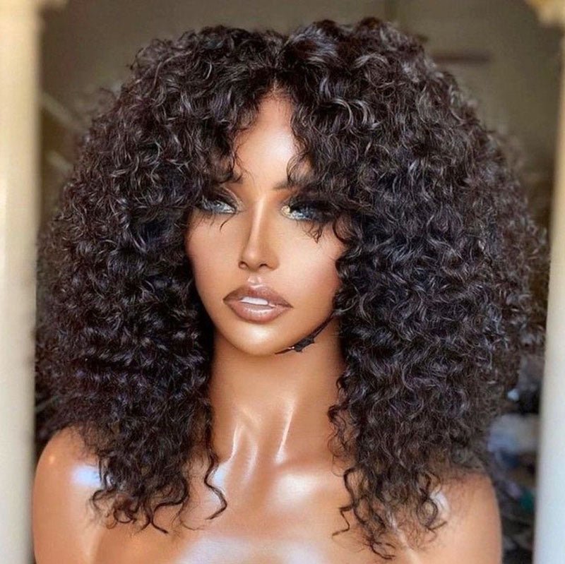 DNE Hair Curly Bob Wigs with Bangs Short Bob Wigs Human Hair for Women Model Front Show