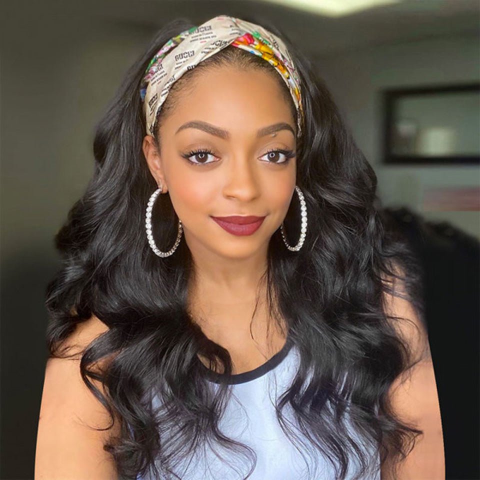 DNE Hair Headband Wig Body Wave Glueless Wigs for Women Natural Black 24 Inch Wig Model Front Show 