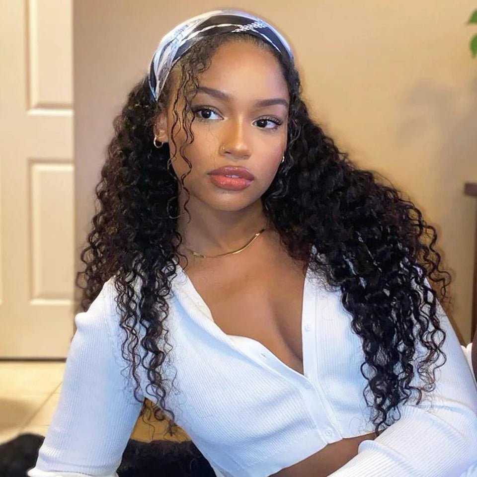 DNE Hair Headband Wig Human Hair Deep Wave Glueless Wigs for Women Model Left Side View