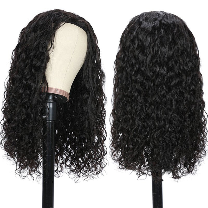 DNE Hair Headband Wig Human Hair Water Wave Glueless Wigs for Women Model Front and Back Show 