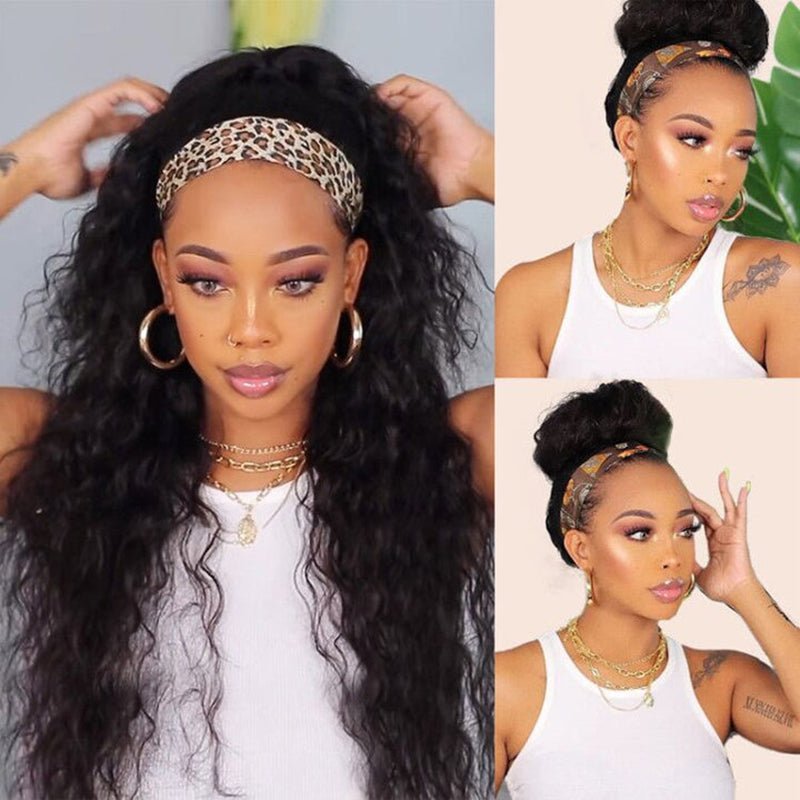 Display of DNE Hair Headband Wig Human Hair Water Wave Glueless Wigs for Women Model Different Styles