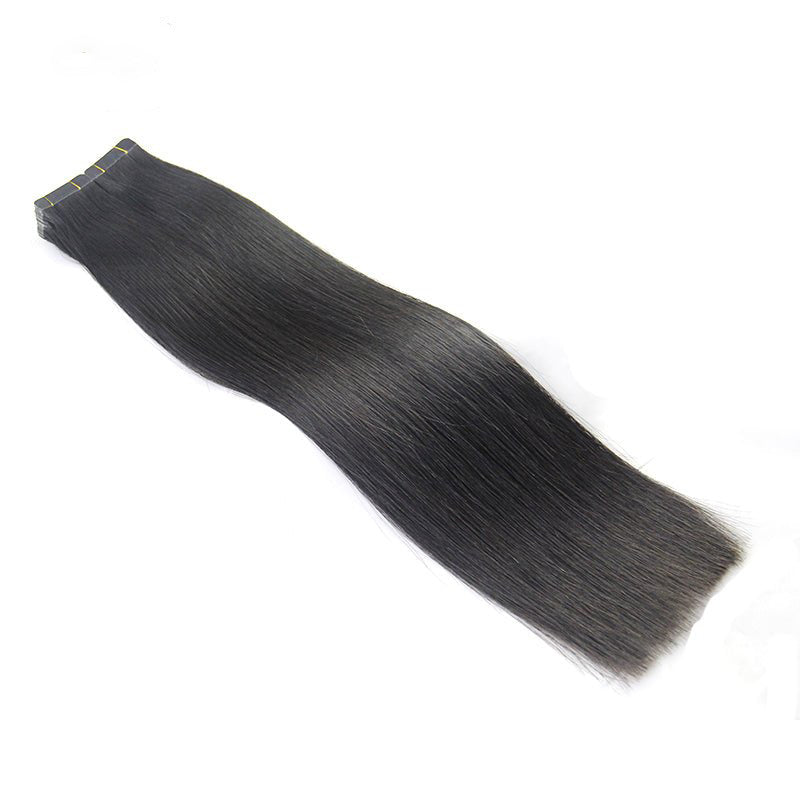 The Front View of DNE Hair Series Straight Tape in Hair Black Color Human Hair Extensions 4cm Tape Width