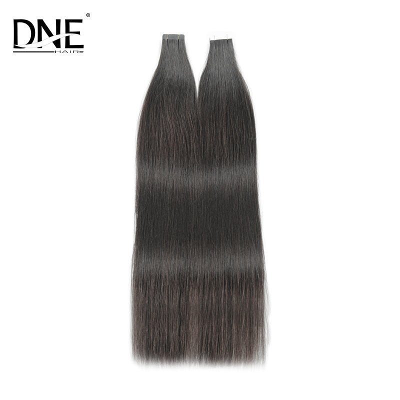 The Front View of DNE Hair Series Straight Tape in Hair Black Color Human Hair Extensions 3cm Tape Width 