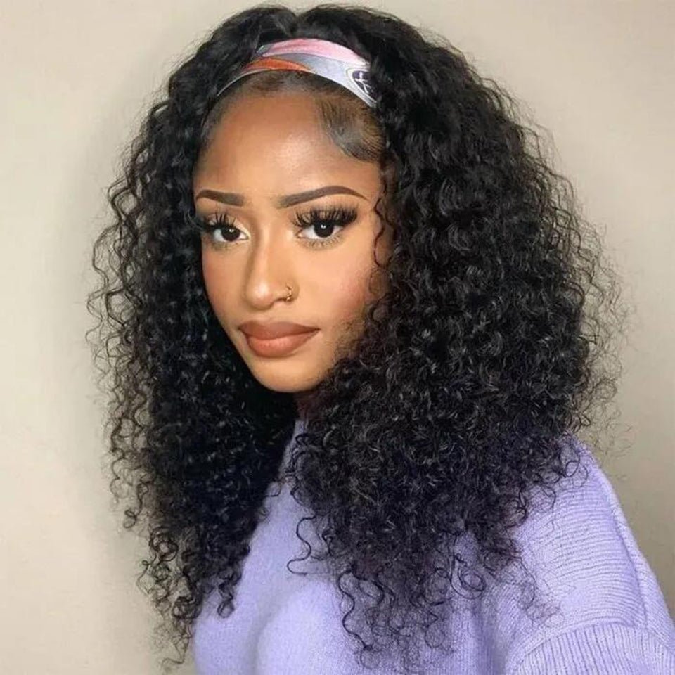 DNE Hair Headband Wig Human Hair Curly Glueless Wigs for Women Model Right Side Show