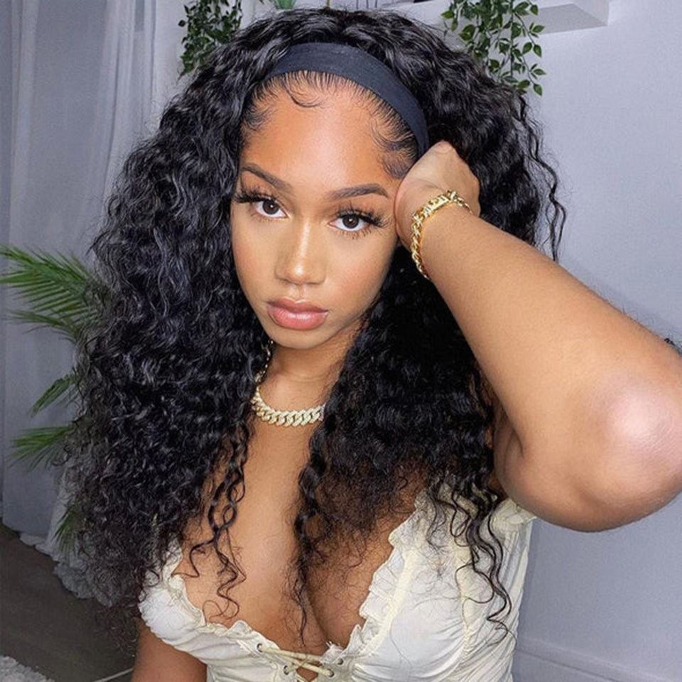 DNE Hair Headband Wig Human Hair Curly Glueless Wigs for Women Model Left Side Show