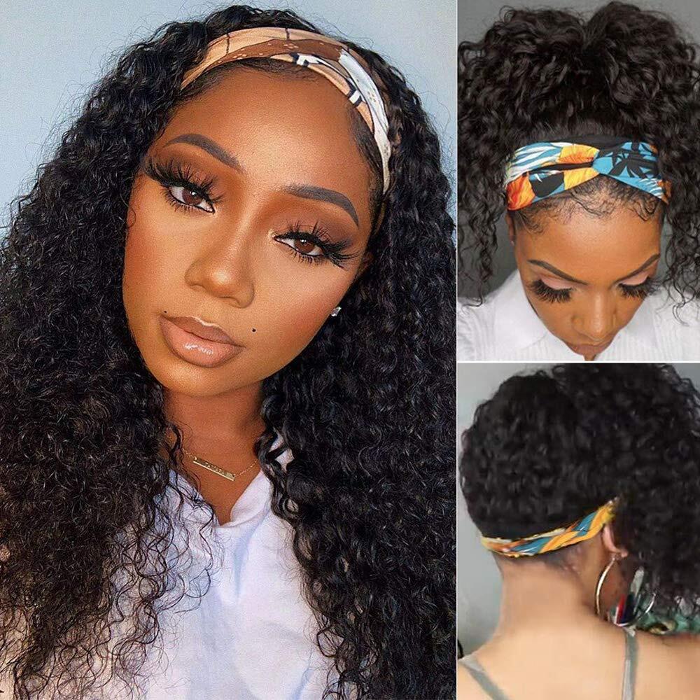 Display of DNE Hair Headband Wig Human Hair Curly Glueless Wigs for Model Different Styles