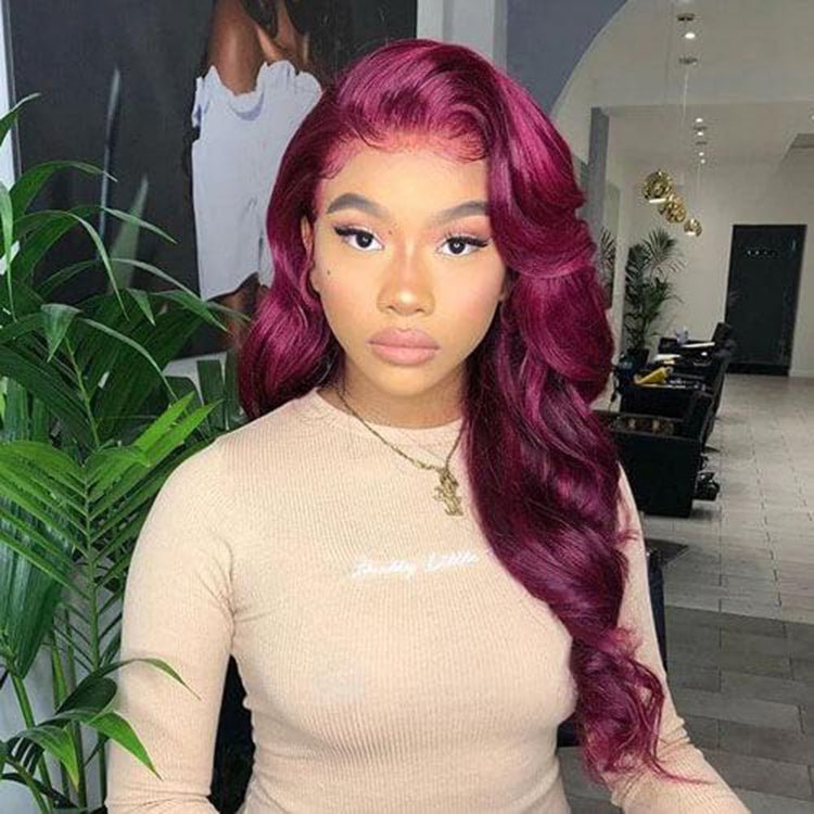 DNE Hair Lace Front Wigs Human Hair Body Wave Colored Wigs Burgundy 99J Color Hd Lace Wig for Women Left View for Yellow Skin Women