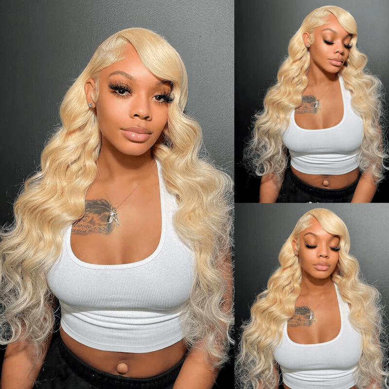 Display of DNE Hair HD Lace Front Wigs Human Hair 13x4 Colored Wigs 613 Blonde Wig for Women Model Different Angel Front Show