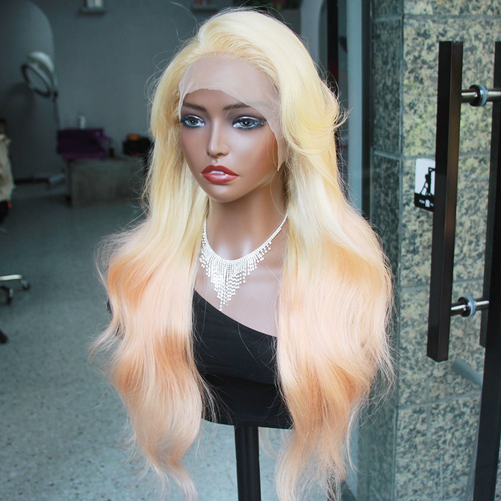 The Side View of DNE Hair Store HD Lace Front Wigs Human Hair Body Wave Blonde Wig with Orange Colored Wigs for Women displayed in The Outdoor Light