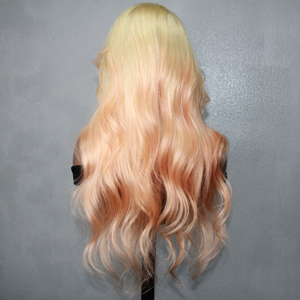 The Back View of DNE Hair Store HD Lace Front Wigs Human Hair Body Wave Blonde Wig with Orange Colored Wigs for Women displayed in The Indoor Light