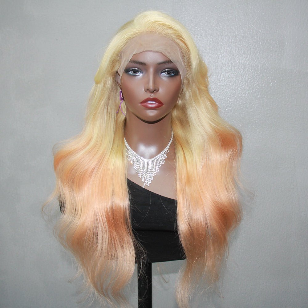 The Front View of DNE Hair Store HD Lace Front Wigs Human Hair Body Wave Blonde Wig with Orange Colored Wigs for Women displayed in The Indoor Light