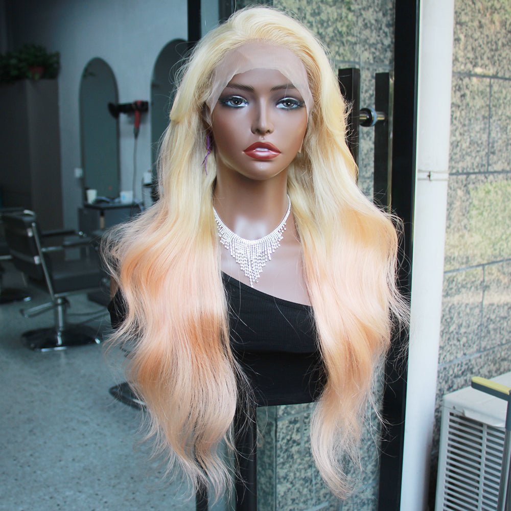The Front View of DNE Hair Store HD Lace Front Wigs Human Hair Body Wave Blonde Wig with Orange Colored Wigs for Women displayed in The Outdoor Light