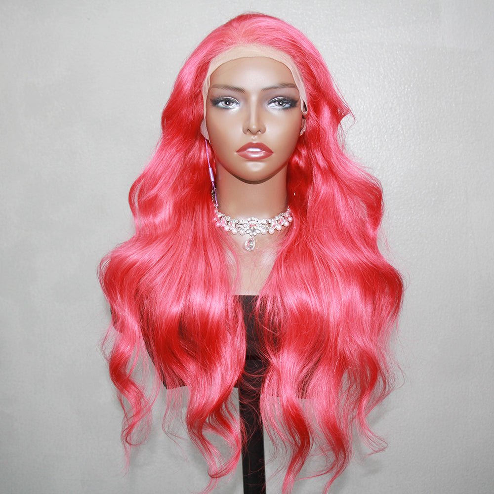 DNE Hair Body Wave Wig 13x4 Lace Front Wig Human Hair 26 Inch Rose Red Colored Wigs for Women Model Front View