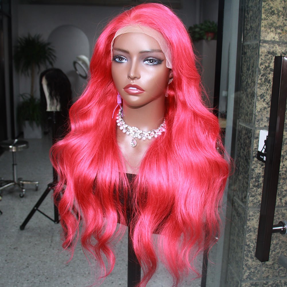 DNE Hair Body Wave Wig 13x4 Lace Front Wig Human Hair 26 Inch Rose Red Colored Wigs for Women Model Side View