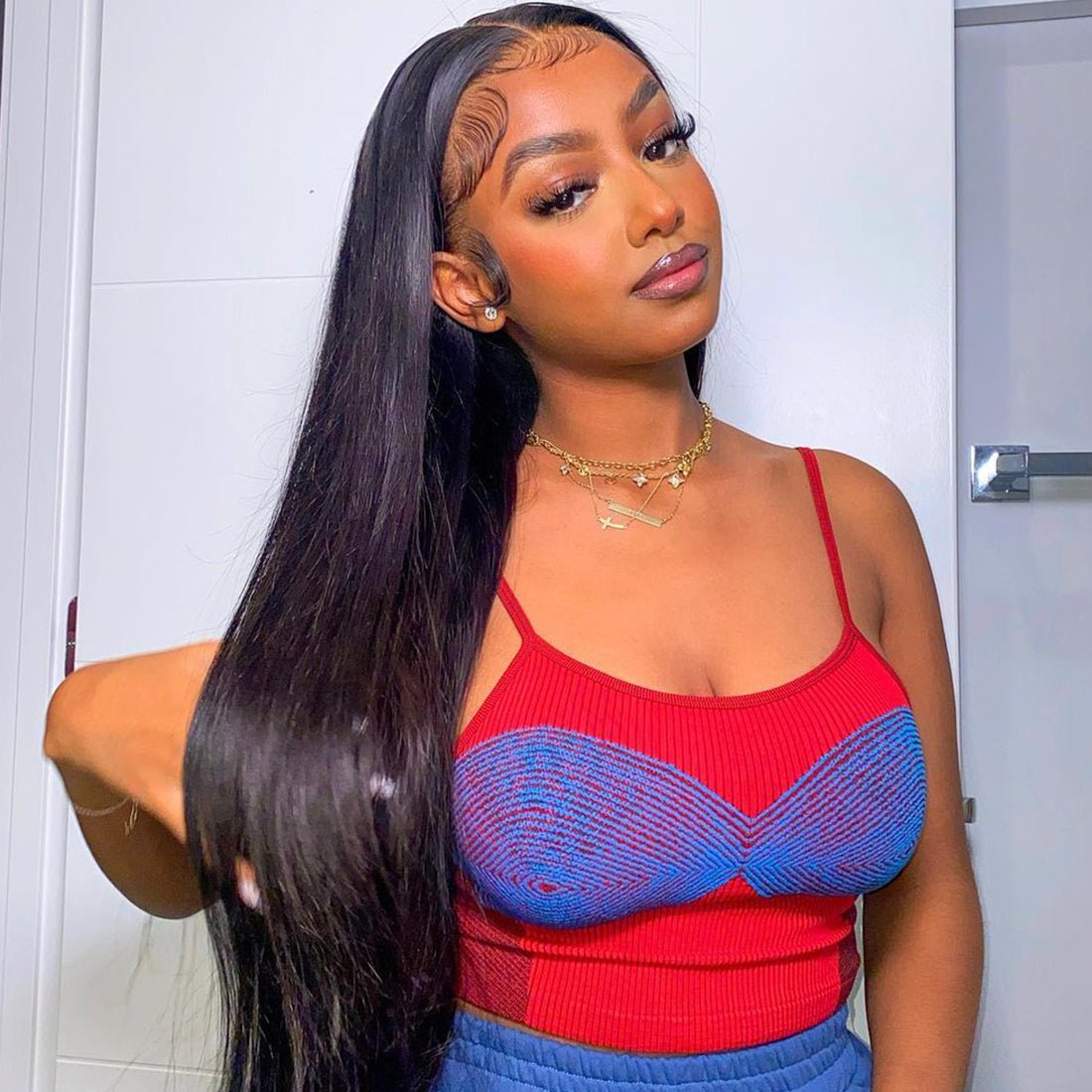 DNE Hair Straight Wig Human Hair Glueless Wigs Middle Part U Part Wig Model Front Show 