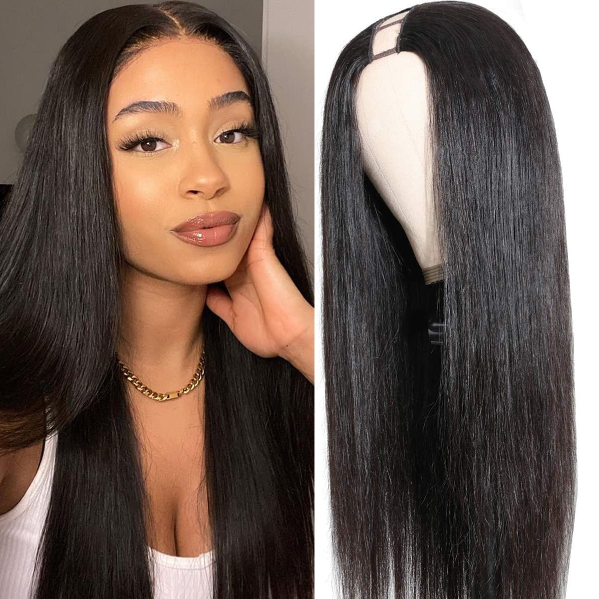 DNE Hair Straight Wig Human Hair Glueless Wigs Middle Part U Part Wig Model Front Show with Wig HD Picture