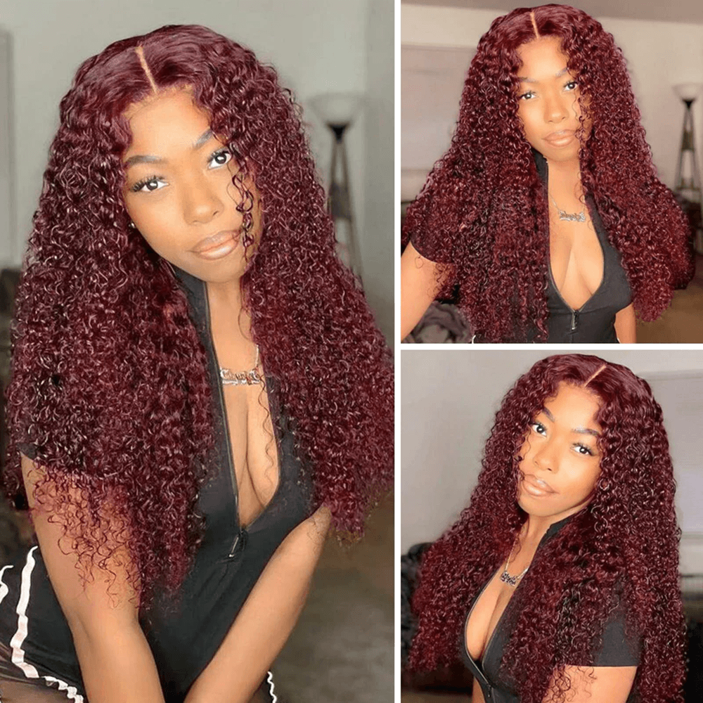 CURLY BURGUNDY COLORED 13X4 LACE FRONT WIGS HUMAN HAIR