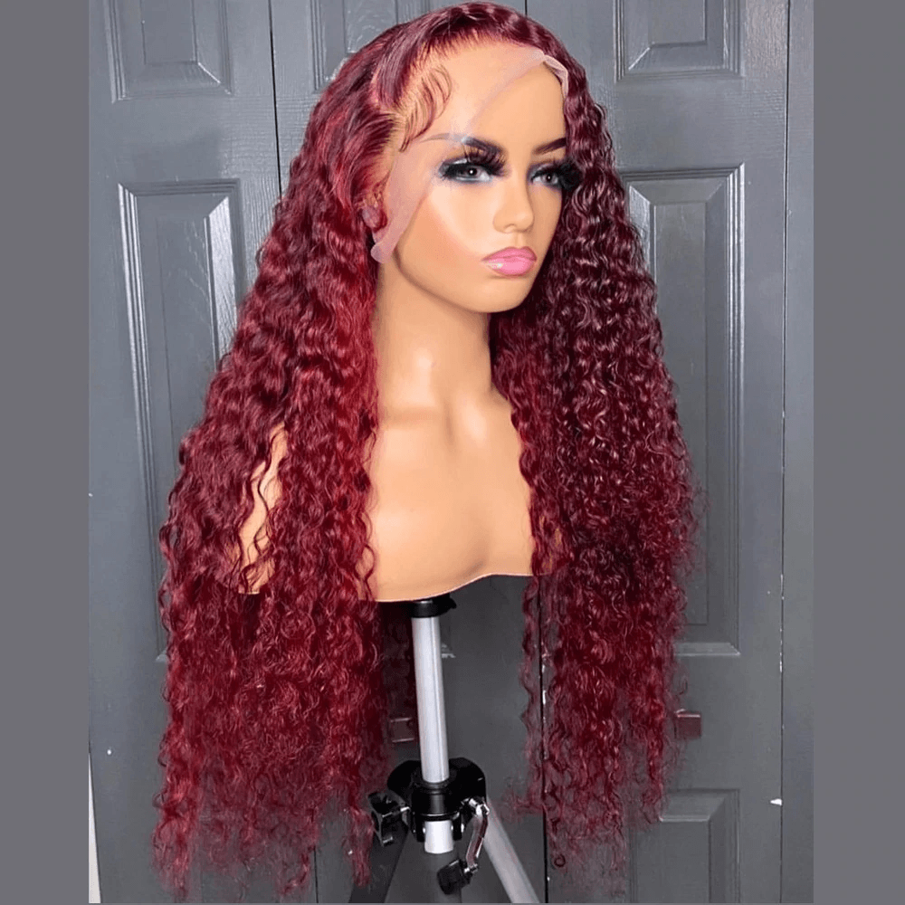 CURLY BURGUNDY COLORED 13X4 LACE FRONT WIGS HUMAN HAIR