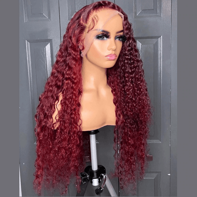 CURLY BURGUNDY COLORED 13X4 LACE FRONT WIGS HUMAN HAIR