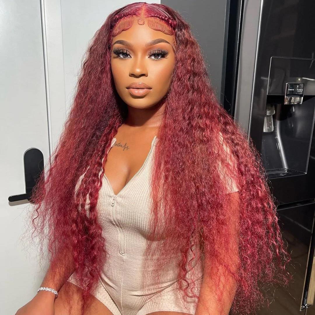 DNE Hair Lace Front Wigs Human Hair HD Lace Deep Wave Wig 99J Burgundy Colored Wigs for Women 26 Inch Curly Wig Model Front Show