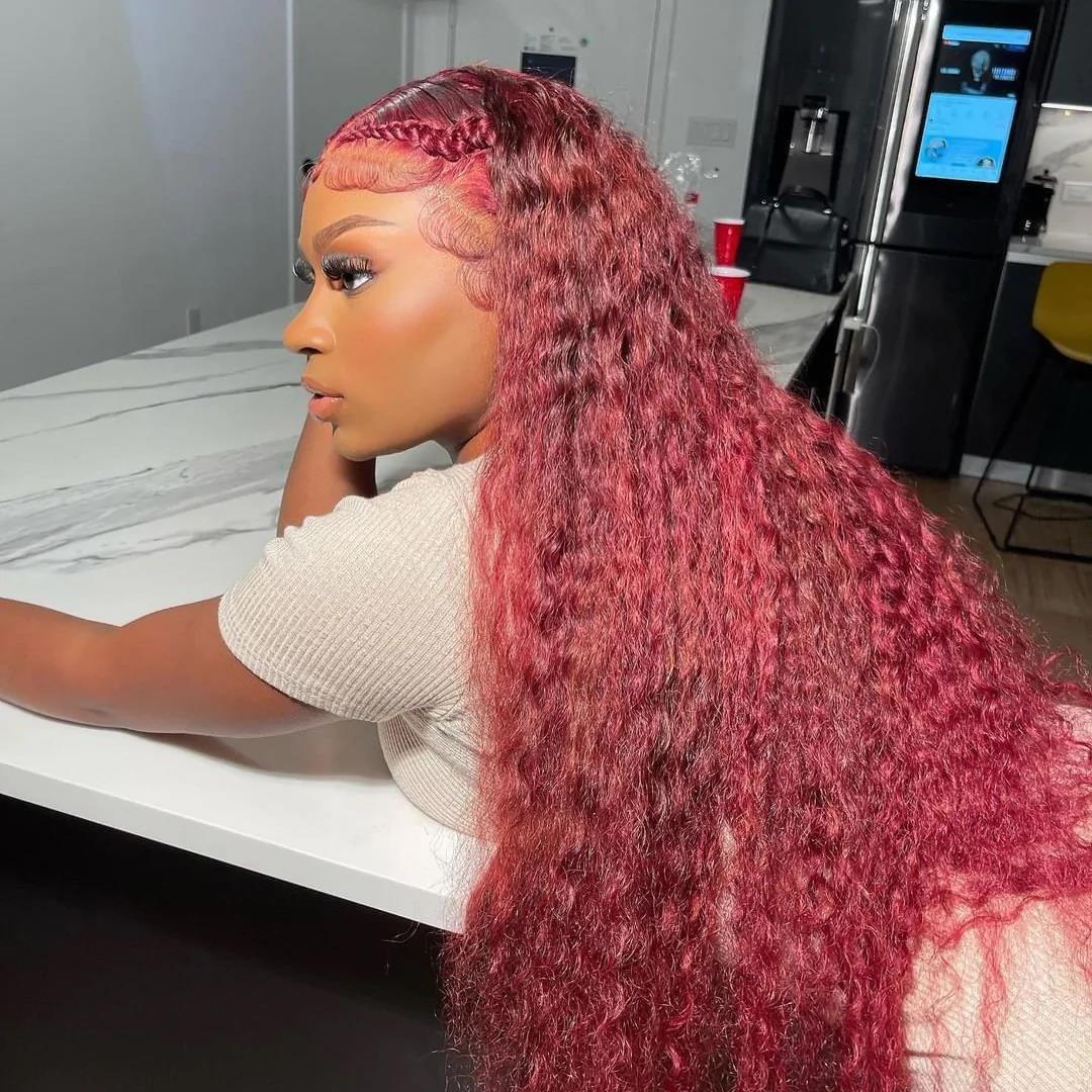 DNE Hair Lace Front Wigs Human Hair HD Lace Deep Wave Wig 99J Burgundy Colored Wigs for Women Model Back Show