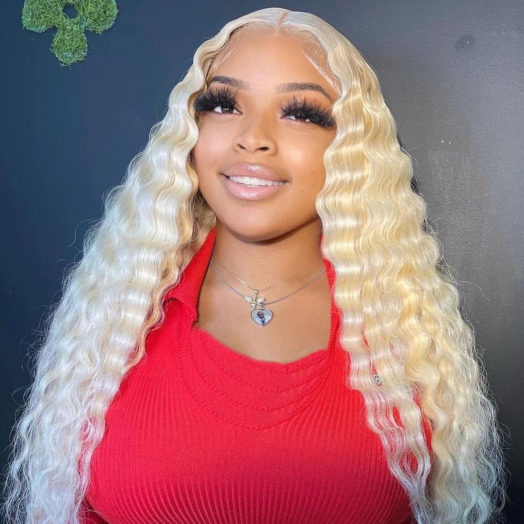 DNE Hair HD Lace Front Wigs Human Hair Colored 613 Wigs Deep Wave Curly Wig for  Women Middle Part Model Smile Show 