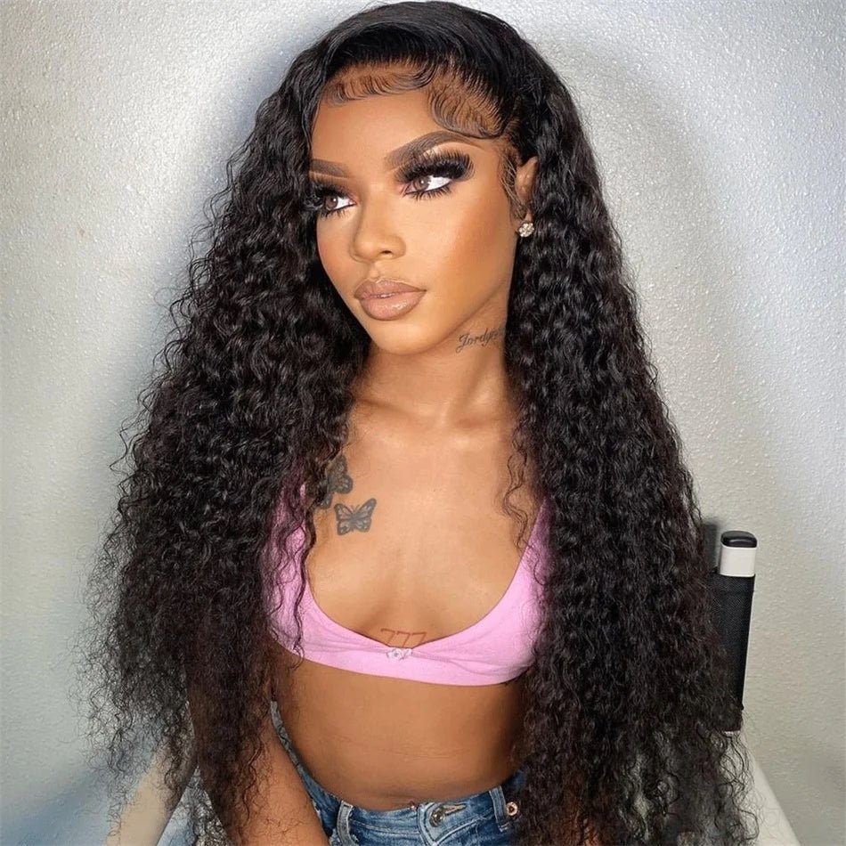 DNE Hair HD Lace Front Wigs 13x6 Curly Human Hair Wigs for Women 28 Inch Curly Wig Side Part Model Side View