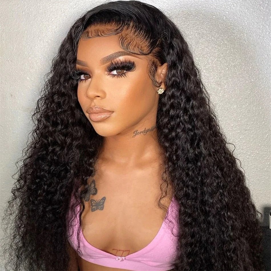 DNE Hair HD Lace Front Wigs 13x6 Curly Human Hair Wigs for Women 28 Inch Curly Wig Preplucked with Baby Hair Model Side View