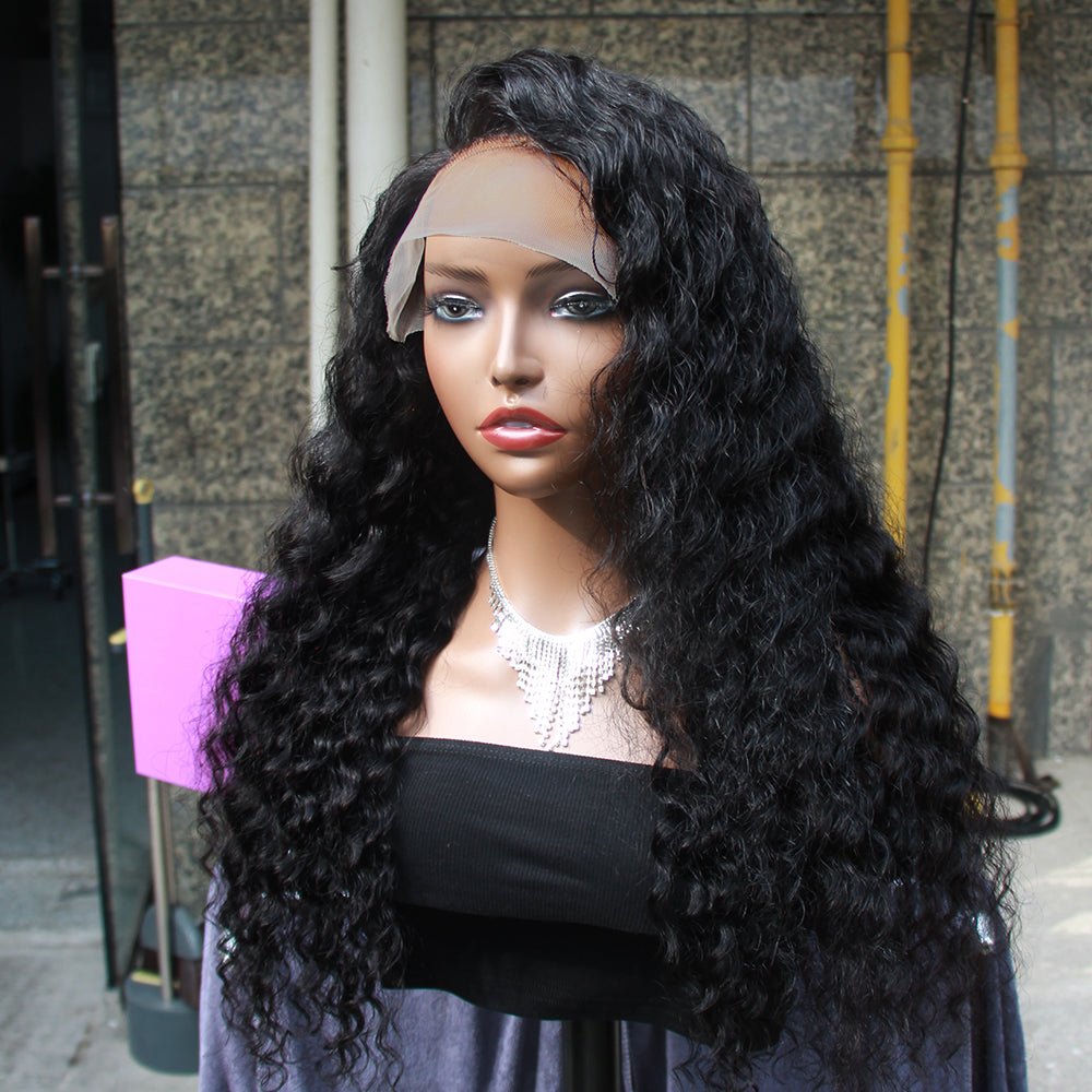 DNE HD Lace Deep Wave Lace Front Wigs Human Hair Wigs for Women Glueless Brazilian Virgin Lace Frontal Wigs Pre Plucked With Baby Hair Natural Black (24 Inch) Real Product Picture Display Outdoor