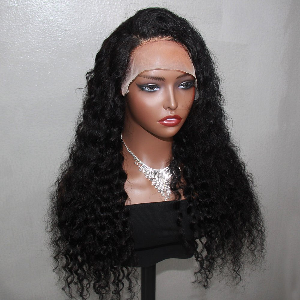 DNE HD Lace Deep Wave Lace Front Wigs Human Hair Wigs for Women Glueless Brazilian Virgin Lace Frontal Wigs Pre Plucked With Baby Hair Natural Black (24 Inch) Product Side Picture Display