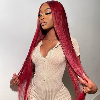 DNE Hair Colored Lace Front Wigs Human Hair 13x4 HD Lace Straight Hair Red Wig Silky Straight Model Side View