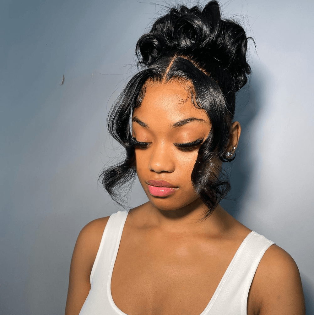 DNE Hair Lace Front Wigs Human Hair Body Wave Full Lace Wig Wavy HD Lace Wigs for Women High Ponytail Model Front View 