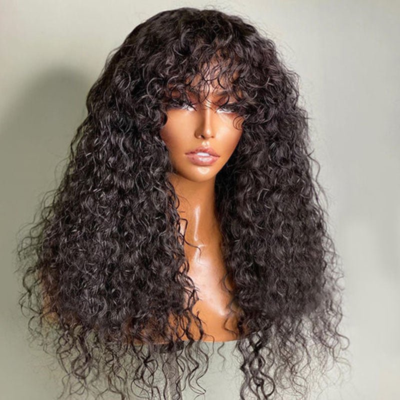 DNE Hair Curly Wigs With Bangs Glueless Wigs Human Hair for Women Model Front Show