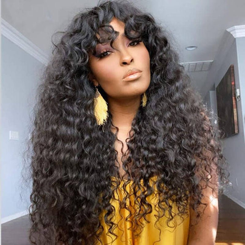 DNE Hair Curly Wigs With Bangs Glueless Wigs Human Hair for Women 26 Inch Wig Model Front Show
