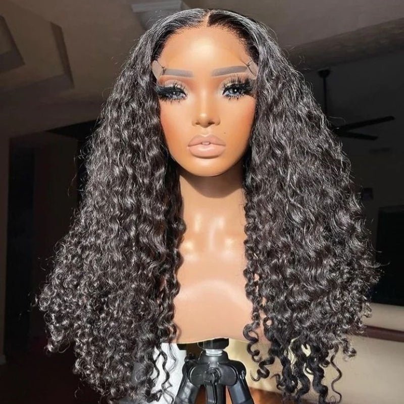 DNE Hair 5x5 Lace Closure Wigs Human Hair HD Lace Deep Wave Wig for Women Model Front View